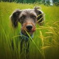 Cute bearded brown dog sitting in green grass walking dog pet love generative ai