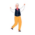 Cute bearded elderly man dancing and smiling, vector illustration isolated.