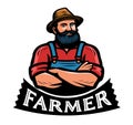 Cute bearded farmer in a hat emblem or logo. Agriculture, organic farm badge. Cartoon character vector illustration