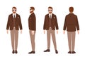 Cute bearded man or clerk dressed in elegant smart suit. Happy male cartoon character wearing office clothing and