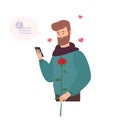 Cute bearded man holding rose flower, waiting for first romantic date and texting or sending messages through dating