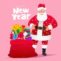 Cute bearded Santa Claus is standing next to a large bag of gifts. Beautiful lettering - Happy New Year. New Year greeting card