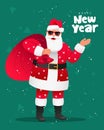 Cute bearded Santa Claus in sunglasses with a big bag of gifts. Beautiful lettering - Happy New Year. Christmas poster, postcard