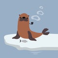 Cute Bearded Seal as Arctic Animal Sitting on Glacier and Smoking Pipe Vector Illustration