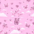 Cute bears flying in a basket on heart-shaped balloons in clouds with butterflies. Watercolor illustration. Seamless Royalty Free Stock Photo