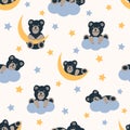 Cute bears, moon, stars and clouds. Seamless pattern