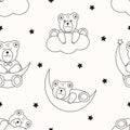 Cute bears, moon, stars and clouds. Seamless pattern