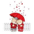 Cute bears are standing under an umbrella and hearts are pouring down on them. Vector illustration for a postcard or a poster.