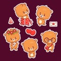 Cute bears sticker set. Teddy in gift box, joyful and smart bear cub in glasses and girl in flower wreath. Isolated Royalty Free Stock Photo