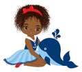 Cute Beautiful African American Girl Wearing Nautical Dress Holding Baby Whale. Vector Nautical Girl Royalty Free Stock Photo