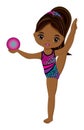 Cute Beautiful African American Performing Rhythmic Gymnastics. Vector Black Gymnast