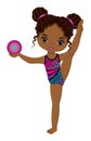 Cute Beautiful African American Performing Rhythmic Gymnastics. Vector Black Gymnast