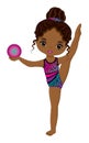 Cute Beautiful African American Performing Rhythmic Gymnastics. Vector Black Gymnast