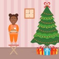 Cute beautiful african girl child standing on a chair near the Christmas Tree. Room interior in vector flat style