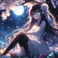 A cute and beautiful anime girl, sitting under a full bloom tree, looking up the sky, twinkling stars, moonlit night, anime art