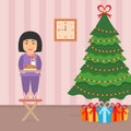 Cute beautiful asian girl child standing on a chair near the Christmas Tree. Room interior in vector flat style