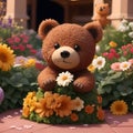cute beautiful bear sitting in the flower garden with happy face