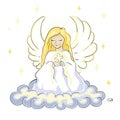 Cute beautiful blonde angel woman praying sitting on a cloud and holding a cross Royalty Free Stock Photo