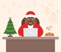 Cute beautiful character african Santa Claus, holiday tree. Decorated workplace office Merry Christmas and Happy New Royalty Free Stock Photo