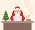 Cute beautiful character Santa Claus, holiday tree. Decorated workplace office Merry Christmas and Happy New Year Royalty Free Stock Photo
