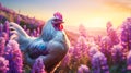 Cute, beautiful chicken in a field with flowers in nature, in the sun& x27;s rays.