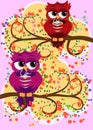 Cute beautiful flirtatious red owl on a branch with a cup of steaming coffee, tea or chocolate