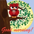 Cute beautiful flirtatious red owl on a branch with a cup of steaming coffee, tea or chocolate