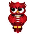 Cute beautiful flirtatious red owl on a branch with a cup of steaming coffee, tea or chocolate