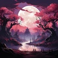 Beautiful full moon cherry blossom tree sakura tree forest Generative AI