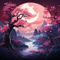 Beautiful full moon cherry blossom tree sakura tree forest Generative AI