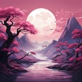 Beautiful full moon cherry blossom tree sakura tree forest Generative AI