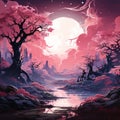 Beautiful full moon cherry blossom tree sakura tree forest Generative AI