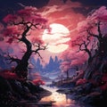 Beautiful full moon cherry blossom tree sakura tree forest Generative AI