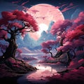 Beautiful full moon cherry blossom tree sakura tree forest Generative AI