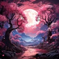 Beautiful full moon cherry blossom tree sakura tree forest Generative AI