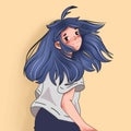 cute beautiful girl with blue hair smiling anime illustration