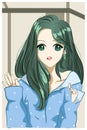 Cute and beautiful girl green long hair cartoon illustration