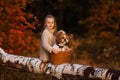 Cute beautiful girl on a log in the forest with a dog in a basket Royalty Free Stock Photo