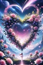 A cute and beautiful heart in the sky, made of pink rose flower with cosmic galaxy, love scene, romantic athmosphere, anime art