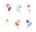 Cute beautiful little winged fairies set. Lovely girls with wings in colorful dresses cartoon vector illustration Royalty Free Stock Photo