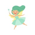 Cute beautiful little winged fairy, lovely girl with long hair and dress in turquoise colors vector Illustration on a Royalty Free Stock Photo