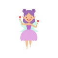 Cute beautiful little winged fairy, lovely girl with purple hair and lilac dress vector Illustration on a white Royalty Free Stock Photo