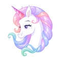 Beautiful white unicorn with pink horn and colorful mane. Isolated vector illustration. Royalty Free Stock Photo