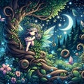 A cute beautiful nature godess, entangled with vines.