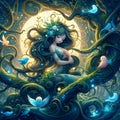 A cute beautiful nature godess, entangled with vines.