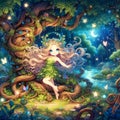 A cute beautiful nature godess, entangled with vines.