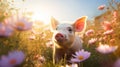 Cute, beautiful pig in a field with flowers in nature, in sunny pink rays.