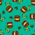 Cute and beautiful seamless pattern with a barrel of honey, a bee and flowers on a beautiful background Royalty Free Stock Photo