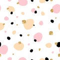 Cute beautiful seamless pattern with hand drawn sketch splash with gold glitter texture. Background, textile, texture, fabric.