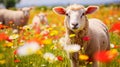 Cute, beautiful sheep in a field with flowers in nature, in sunny pink rays. Royalty Free Stock Photo